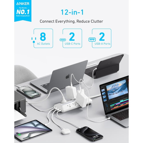 Anker 35W Flat Plug Power Strip 12-in-1 with Power Surge - White